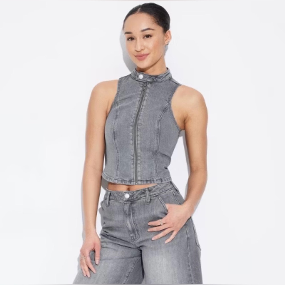 Wild Fable Zip Up Denim Moto Vest Light Gray Wash Size XXS